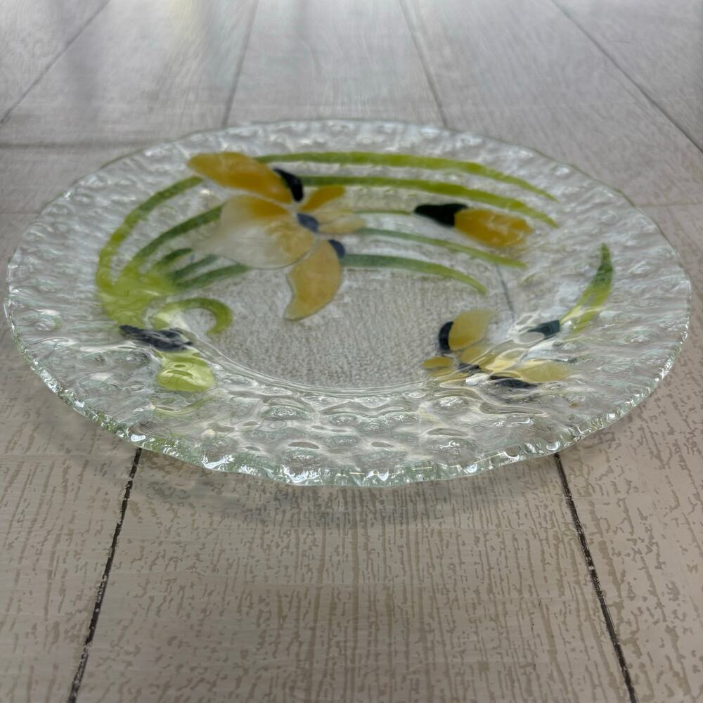 Vintage Fused Glass Art Plate Yellow & White Iris Floral Design - Picture 2 of 6
